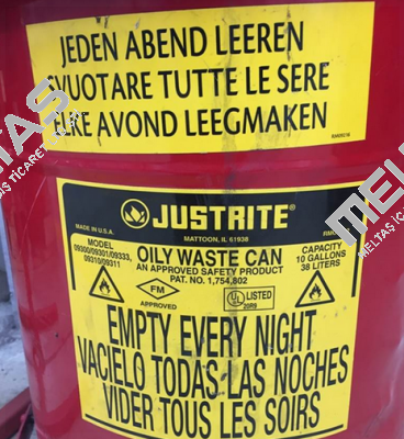 Both labels for OILY WASTE CAN PAT.NO. 1,754,802  Justrite