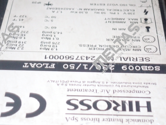 Type : SGB009 230/1/50 FLOAT  S/N: 2437560001 obsolete / SPE009-A2301DF16TIS alternative Hiross